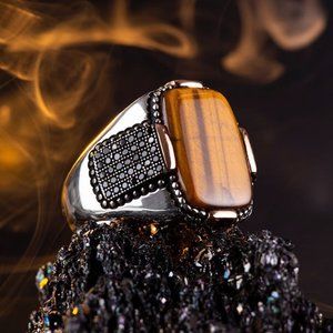 Turkish Ring For Men Women Inlaid Brown Tiger Eye Stone Rings Punk Trendy